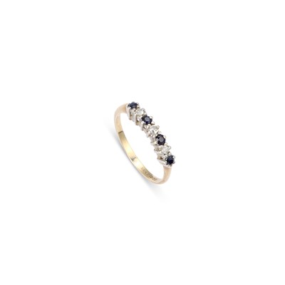 Lot 671 - A 9 CARAT GOLD SAPPHIRE AND DIAMOND HALF HOOP RING