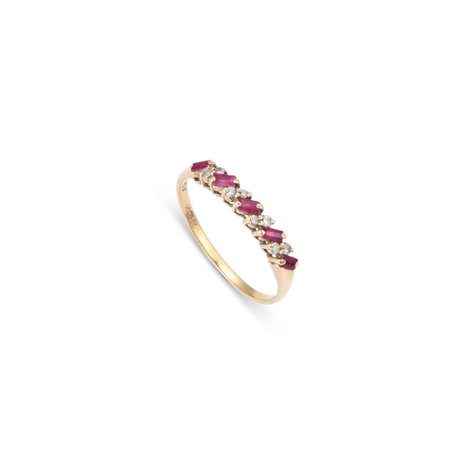 Lot 693 - AN 18 CARAT GOLD RUBY AND DIAMOND HALF HOOP RING