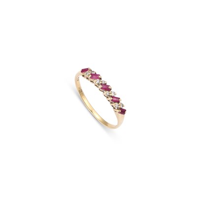 Lot 693 - AN 18 CARAT GOLD RUBY AND DIAMOND HALF HOOP RING