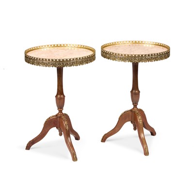 Lot 1050 - A PAIR OF GILT-METAL MOUNTED AND MARBLE-TOPPED TRIPOD TABLES