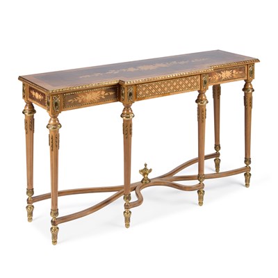 Lot 1118 - A REGENCY STYLE BRASS-MOUNTED, MARQUETRY AND WALNUT CONSOLE TABLE