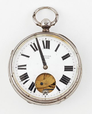 Lot 1491 - AN OPEN FACED SILVER POCKET WATCH