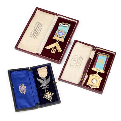 Lot 18 - THREE SILVER AND ENAMEL MASONIC AND RAOB JEWELS