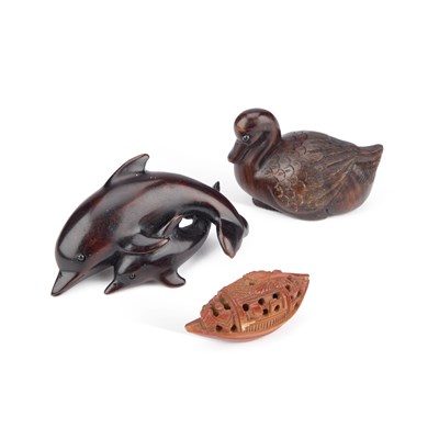 Lot 199 - TWO JAPANESE CARVED WOOD NETSUKES AND A JAPANESE OJIME BEAD