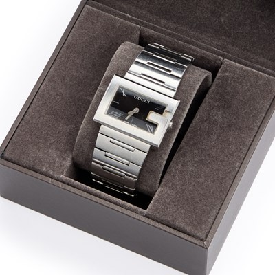 Lot 604 - A STEEL GUCCI "G" BRACLELET WATCH