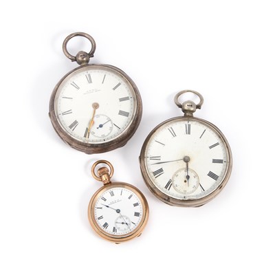 Lot 657 - TWO WALTHAM SILVER POCKET WATCHES AND A WALTHAM GOLD PLATED FOB WATCH