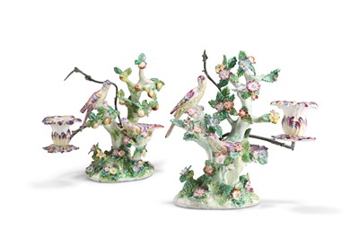 Lot 74 - A PAIR OF BOW PORCELAIN BIRDS IN BRANCHES CANDLESTICK GROUPS, CIRCA 1762