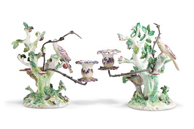 Lot 74 - A PAIR OF BOW PORCELAIN BIRDS IN BRANCHES CANDLESTICK GROUPS, CIRCA 1762