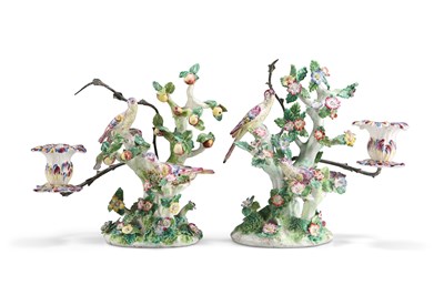 Lot 74 - A PAIR OF BOW PORCELAIN BIRDS IN BRANCHES CANDLESTICK GROUPS, CIRCA 1762