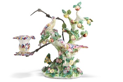 Lot 74 - A PAIR OF BOW PORCELAIN BIRDS IN BRANCHES CANDLESTICK GROUPS, CIRCA 1762