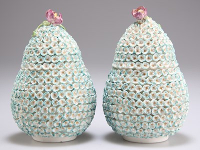 Lot 102 - A PAIR OF DERBY PORCELAIN MAYFLOWER VASES AND COVERS, IN THE MEISSEN SCHNEEBALLEN MANNER, CIRCA 1770