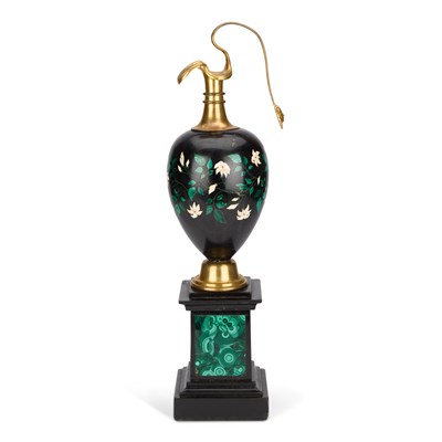 Lot 963 - A FINE 19TH CENTURY GILT-METAL MOUNTED DERBYSHIRE BLACK MARBLE AND PIETRA DURA PEDESTAL EWER