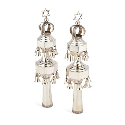 Lot 427 - JUDAICA: A PAIR OF SILVER TORAH FINIALS