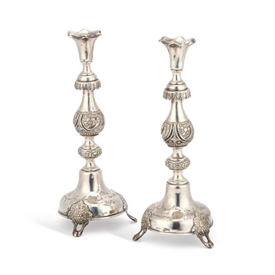 Lot 263 - A PAIR OF RUSSIAN SILVER SABBATH CANDLESTICKS