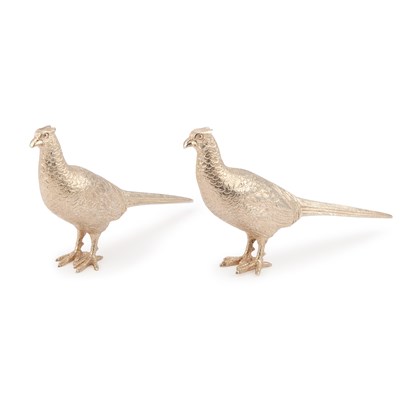 Lot 340 - A PAIR OF ELIZABETH II CAST SILVER MODELS OF PHEASANTS