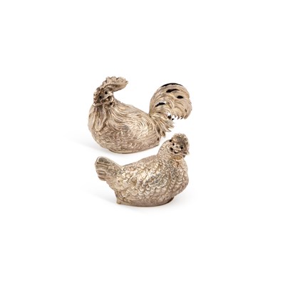 Lot 298 - A PAIR OF FRENCH SILVER 'CHICKEN' PEPPERS