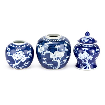 Lot 173 - THREE CHINESE BLUE AND WHITE PRUNUS VASES