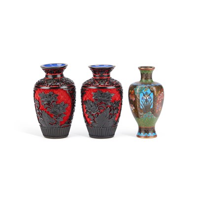 Lot 151 - A PAIR OF CHINESE CINNABAR LAQUER VASES AND A CLOISONNE ENAMEL VASE