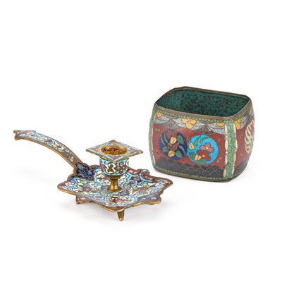 Lot 149 - A CHINESE CLOISONNE ENAMEL CHAMBERSTICK AND A CLOISONNE ENAMEL VASE