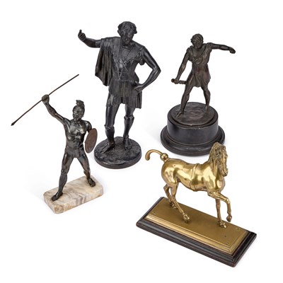 Lot 290 - THREE SPELTER FIGURES TOGETHER WITH A BRASS MODEL OF A HORSE