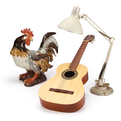 Lot 354 - A VINTAGE ANGLEPOISE LAMP TOGETHER WITH A LARGE MODELOF A COCK AND A GUITAR