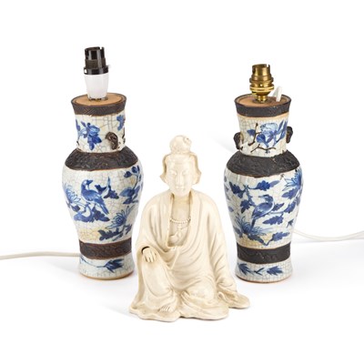 Lot 130 - A PAIR OF CHINESE BLUE AND WHITE CRACKLE GLAZED TABLE LAMPS AND A FIGURE OF A SEATED GODDESS