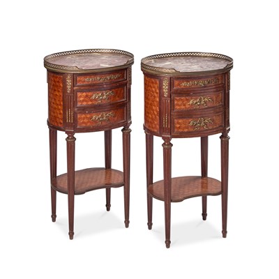 Lot 1023 - A PAIR OF FRENCH ORMOLU-MOUNTED, MARBLE-TOPPED AND PARQUETRY SIDE TABLES