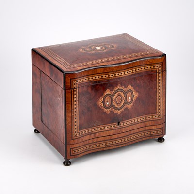 Lot 1141 - A NAPOLEON III INLAID AMBOYNA SERPENTINE DRINKS CABINET