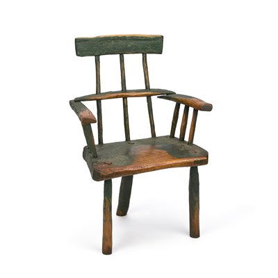 Lot 1130 - A PRIMITIVE PAINTED STICK-BACK CHAIR