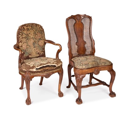 Lot 1007 - A GEORGE I STYLE WALNUT OPEN ARMCHAIR