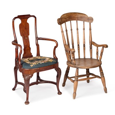 Lot 1033 - A VICTORIAN BEECH AND ELM OPEN ARMCHAIR