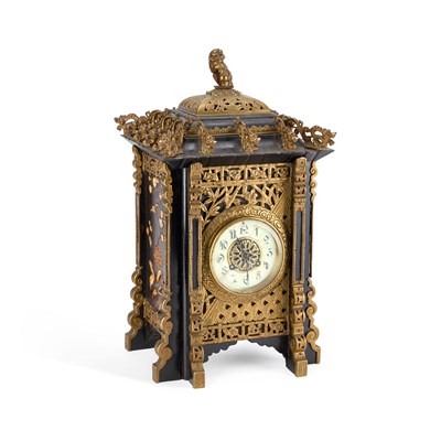 Lot 986 - A LATE 19TH CENTURY FRENCH BRASS-MOUNTED LACQUER AND SHIBAYAMA MANTEL CLOCK