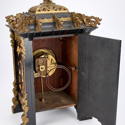 Lot 986 - A LATE 19TH CENTURY FRENCH BRASS-MOUNTED LACQUER AND SHIBAYAMA MANTEL CLOCK