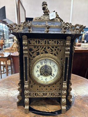 Lot 986 - A LATE 19TH CENTURY FRENCH BRASS-MOUNTED LACQUER AND SHIBAYAMA MANTEL CLOCK