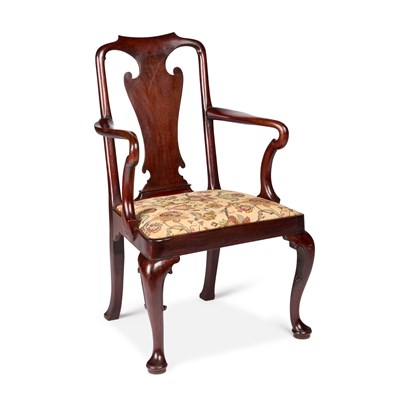 Lot 1101 - A GEORGE I STYLE RED WALNUT OPEN ARMCHAIR