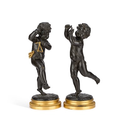 Lot 945 - A PAIR OF 19TH CENTURY FRENCH BRONZE CHERUB MUSICIANS