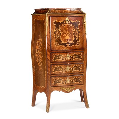 Lot 1131 - A LOUIS XV STYLE ORMOLU-MOUNTED, MARBLE-TOPPED AND MARQUETRY SECRETAIRE A ABATTANT