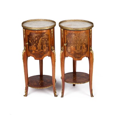 Lot 1025 - A PAIR OF 19TH CENTURY ORMOLU-MOUNTED, MARBLE-TOPPED AND MARQUETRY SIDE TABLES