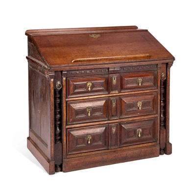 Lot 1034 - AN UNUSUAL 18TH CENTURY OAK BUREAU