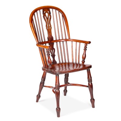 Lot 1014 - A 19TH CENTURY YEW WOOD AND ELM WINDSOR ARMCHAIR