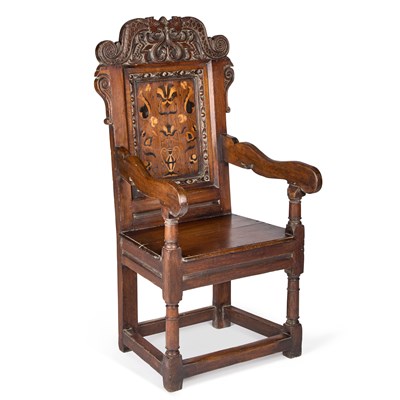 Lot 1027 - AN INLAID OAK WAINSCOT CHAIR