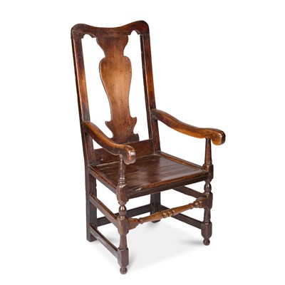 Lot 1121 - A GEORGE I OAK OPEN ARMCHAIR