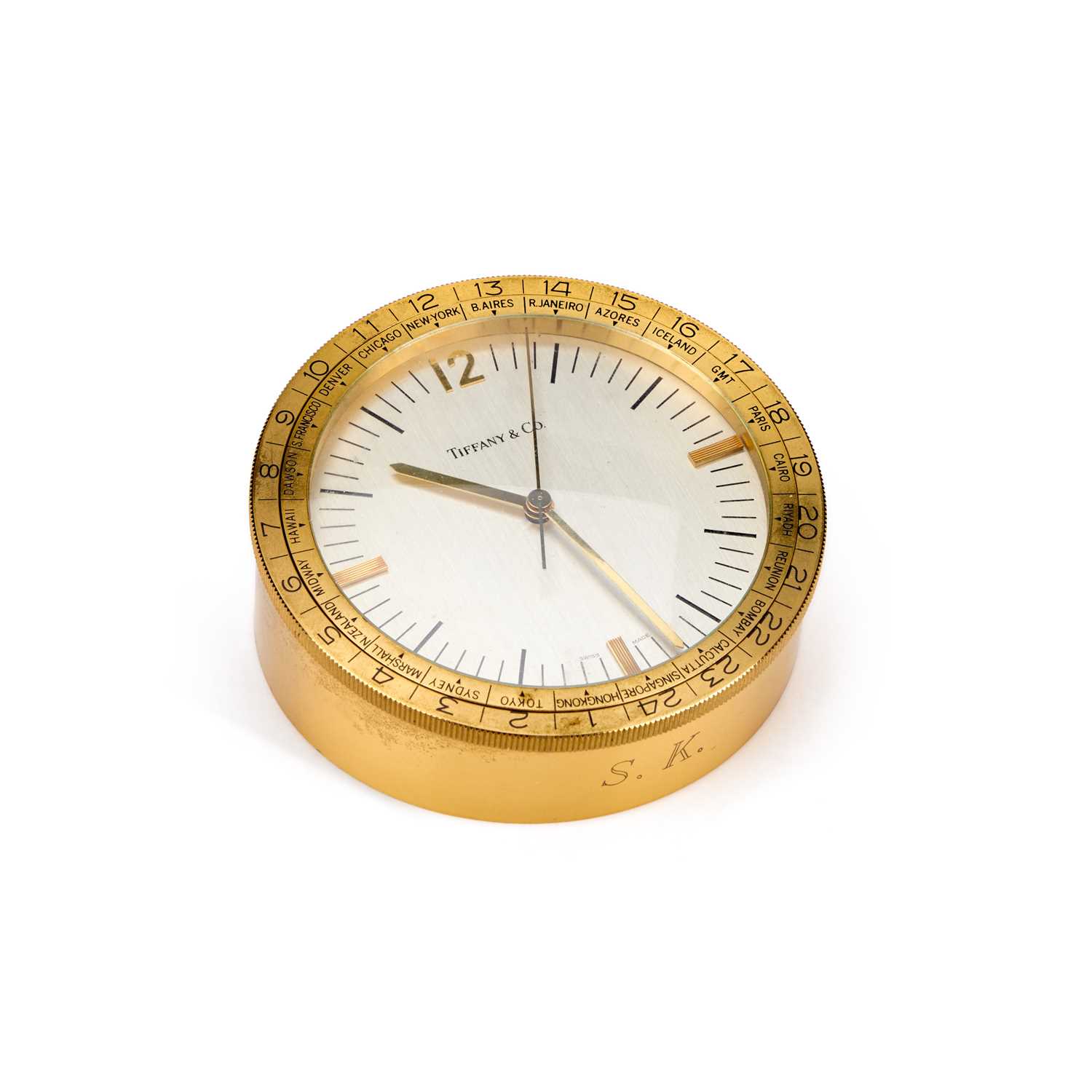Lot 407 - A TIFFANY & CO BRASS CASED WORLD TIME DESK CLOCK