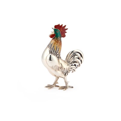 Lot 339 - AN ELIZABETH II SILVER AND ENAMEL MODEL OF A COCKEREL