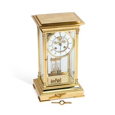 Lot 988 - A FRENCH BRASS AND FOUR-GLASS MANTEL CLOCK BY L'EPEE