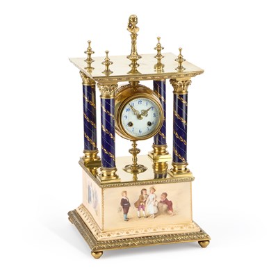 Lot 107 - A CONTINENTAL BRASS-MOUNTED PORCELAIN PORTICO CLOCK