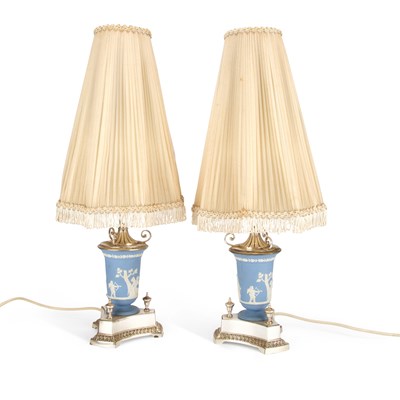 Lot 970 - A PAIR OF SILVER-PLATE MOUNTED WEDGWOOD BLUE JASPER TABLE LAMPS