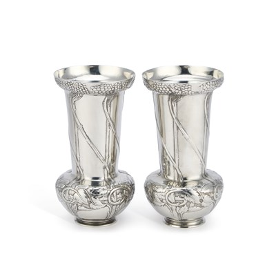 Lot 214 - DAVID VEAZEY FOR LIBERTY & CO, A PAIR OF TUDRIC PEWTER 'TREE OF LIFE' VASES