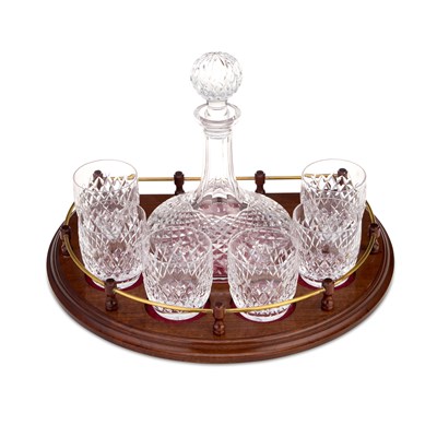 Lot 40 - A GLASS SHIPS DECANTER AND SIX WATERFORD GLASS TUMBLERS