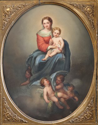 Lot 107 - A LATE 19TH CENTURY PORCELAIN PLAQUE, 'THE VIRGIN OF THE ROSARY', AFTER BARTOLOMÉ ESTÉBAN MURILLO